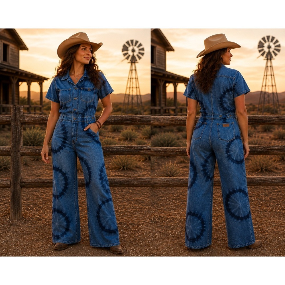 Wrangler Denim Jumpsuit Womens S Blue Tie Dye Circle Wide Leg Utility Western - Picture 1 of 12